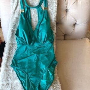 Teal green elegant one piece with gold accents in size 14